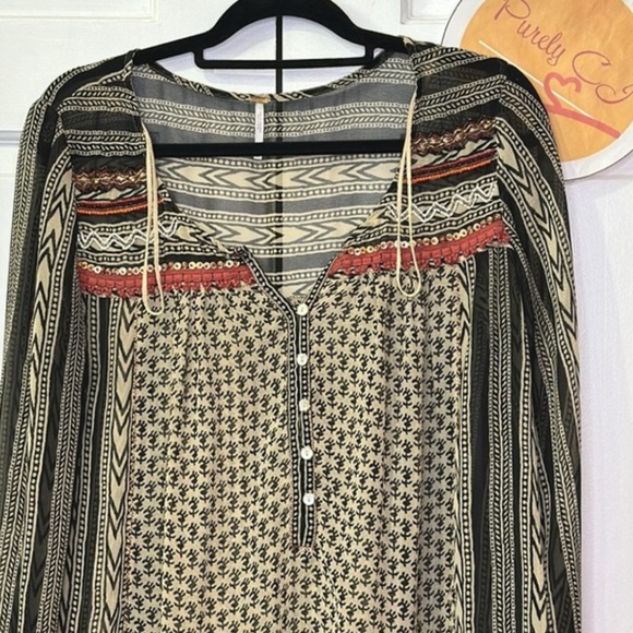 FREE PEOPLE Feather in The Wind tunic sheer tan black Size M - Picture 6 of 12